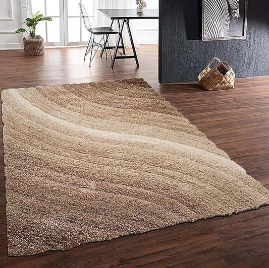Lena Wave 3D Shaggy Rug – Mocha – 160x230 cm Soft Plush High Pile Carpet