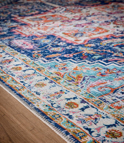 Granada Blue Emerald Waschbarer Läufer – Traditioneller Vintage Rutschfester Flurteppich (67 x 200 cm)
