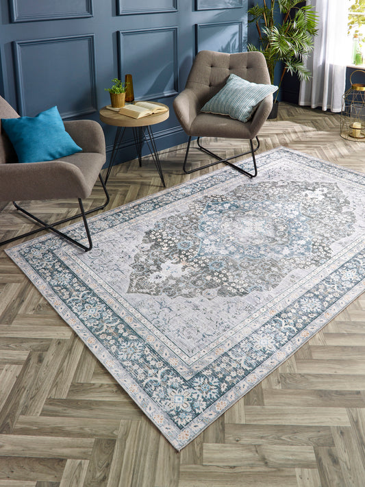 Origins – Waschbarer Oakham Traditional Medallion Weicher Chenille-Teppich in Blaugrün und Grau