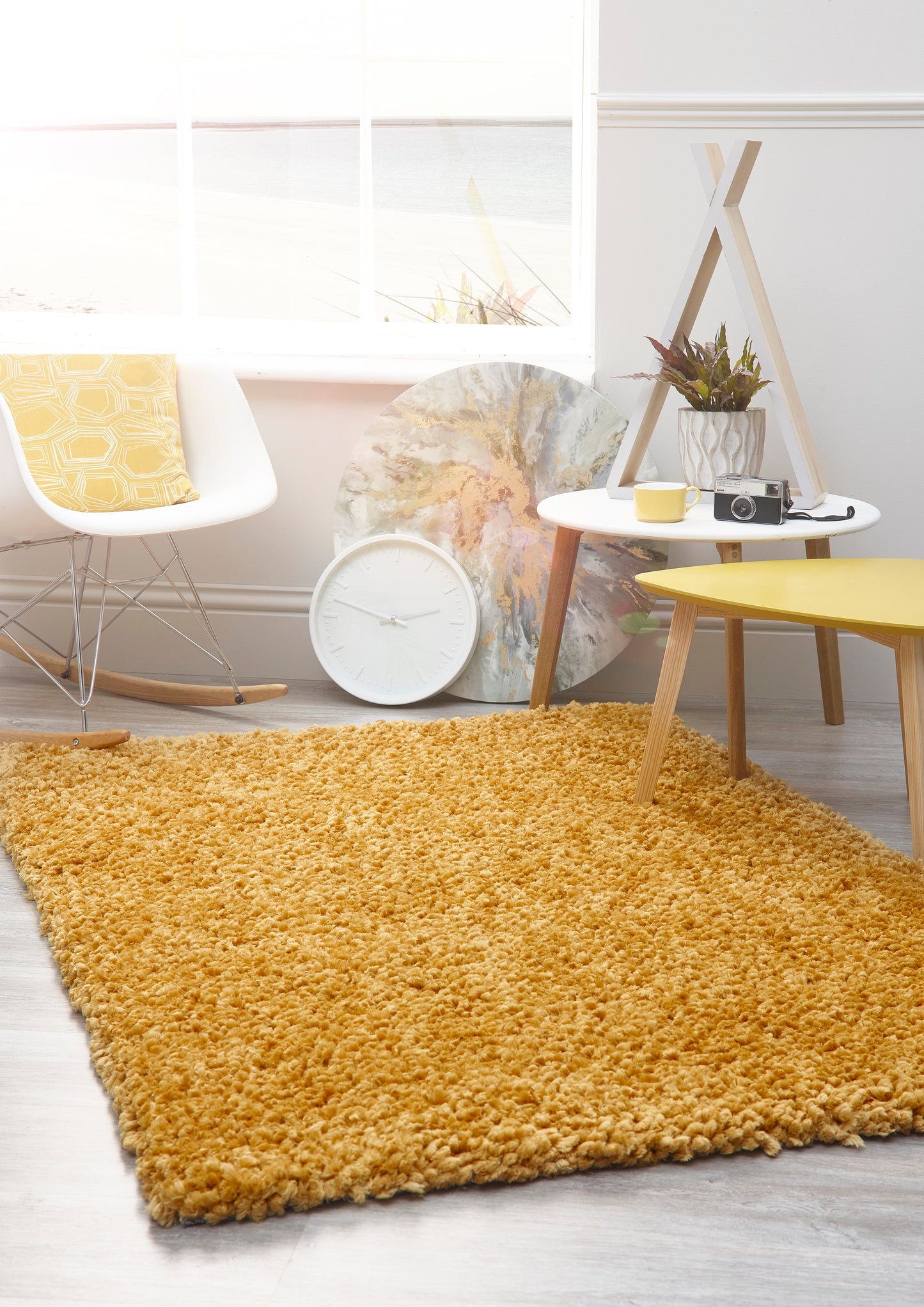 Origins Portland Modern Plain High Pile Super Soft Fluffy Shaggy Rug in Ochre Yellow