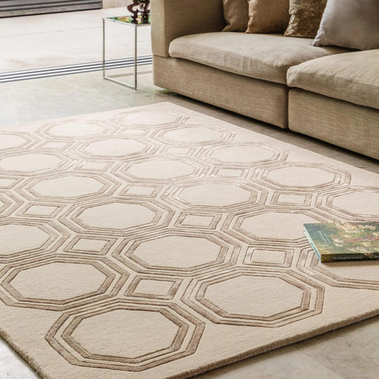 Nexus Octagon Beige Wool Viscose Hand Carved Geometric Rug – Luxurious Modern Elegance