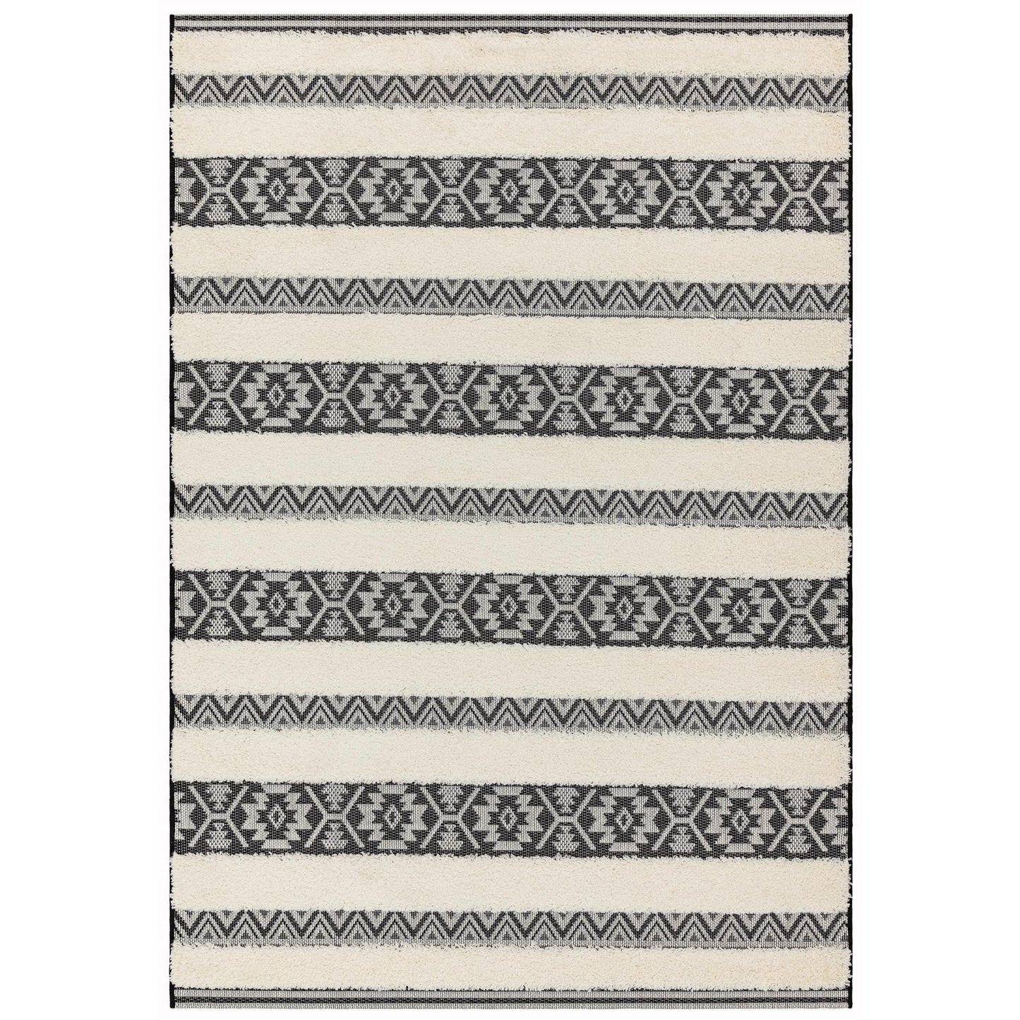 Monty MN03 Tribal Striped Indoor-Outdoor Rug – Durable Geometric Flatweave in Cream & Charcoal