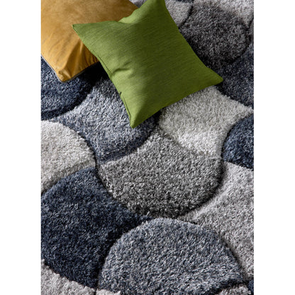 3D-Zottelteppich mit Jakobsmuschelmuster für Wohnzimmer, Schlafzimmer, weicher, seidiger, flauschiger, dicker Flor, Marineblau/Grau