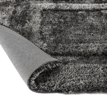 Origins Frame Hand Tufted Soft Silky Thick Shaggy Rug in Charcoal Grey