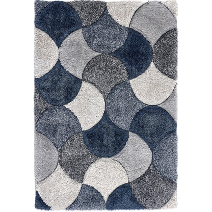3D-Zottelteppich mit Jakobsmuschelmuster für Wohnzimmer, Schlafzimmer, weicher, seidiger, flauschiger, dicker Flor, Marineblau/Grau