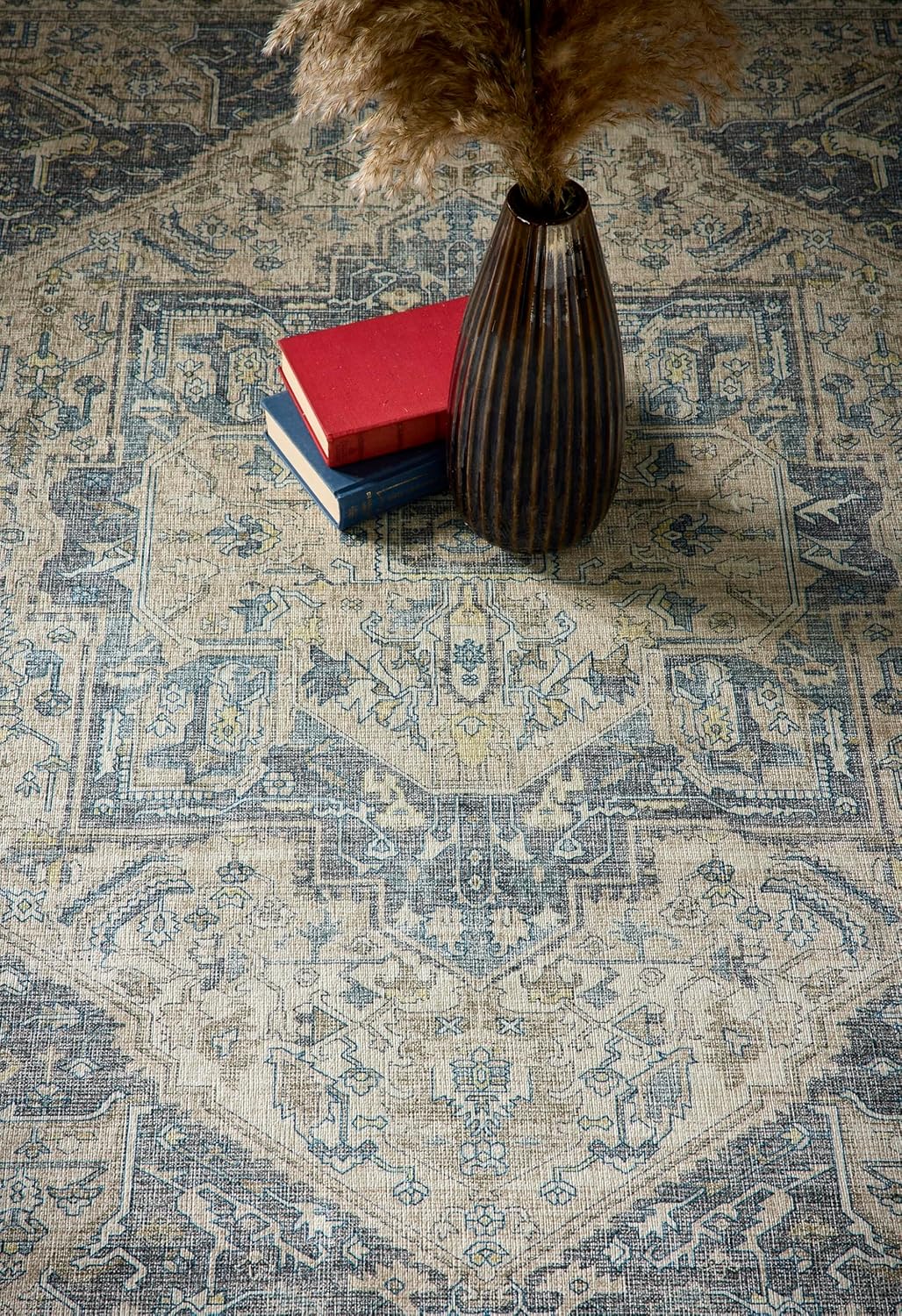 Waschbarer Teppich Napoli in Blau, Grau und Gelb – Traditioneller, rutschfester Vintage-Teppich