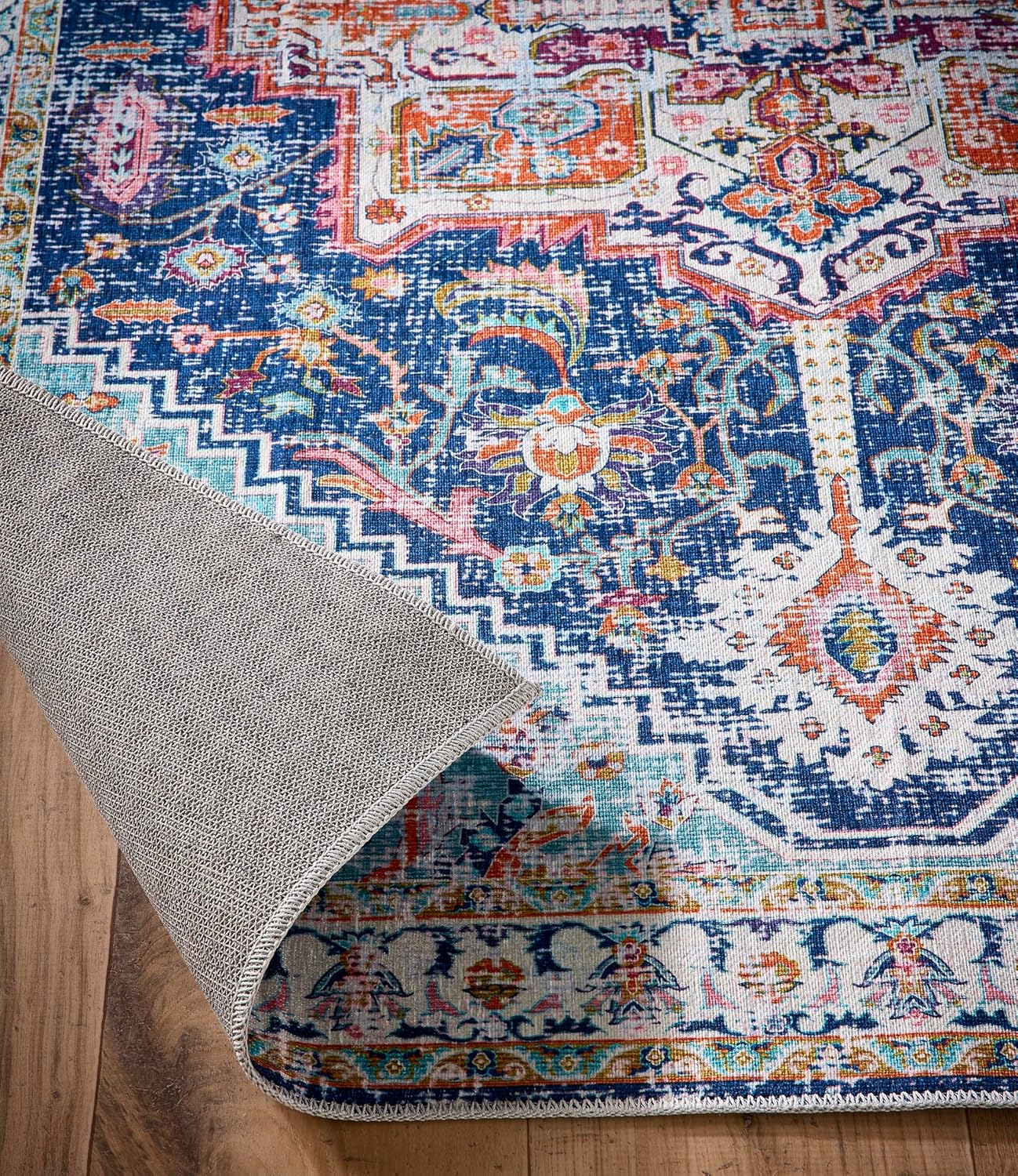 Granada Blue Emerald Waschbarer Läufer – Traditioneller Vintage Rutschfester Flurteppich (67 x 200 cm)
