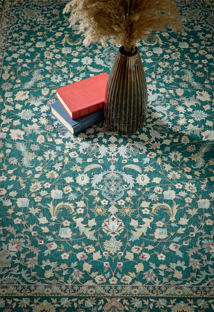 Waschbarer Teppich Windsor in Smaragdgrün – Traditioneller rutschfester Vintage-Teppich