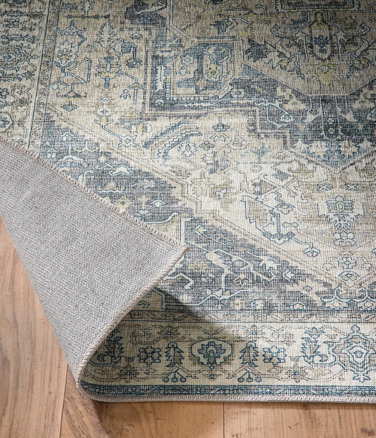 Waschbarer Teppich Napoli in Blau, Grau und Gelb – Traditioneller, rutschfester Vintage-Teppich