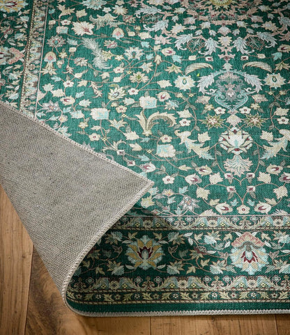 Waschbarer Teppich Windsor in Smaragdgrün – Traditioneller rutschfester Vintage-Teppich