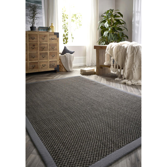 Sisal-Teppich, natürliches Jute-Flachgewebe, Dunkelgrau mit grauem Rand, groß, 160 x 230 cm