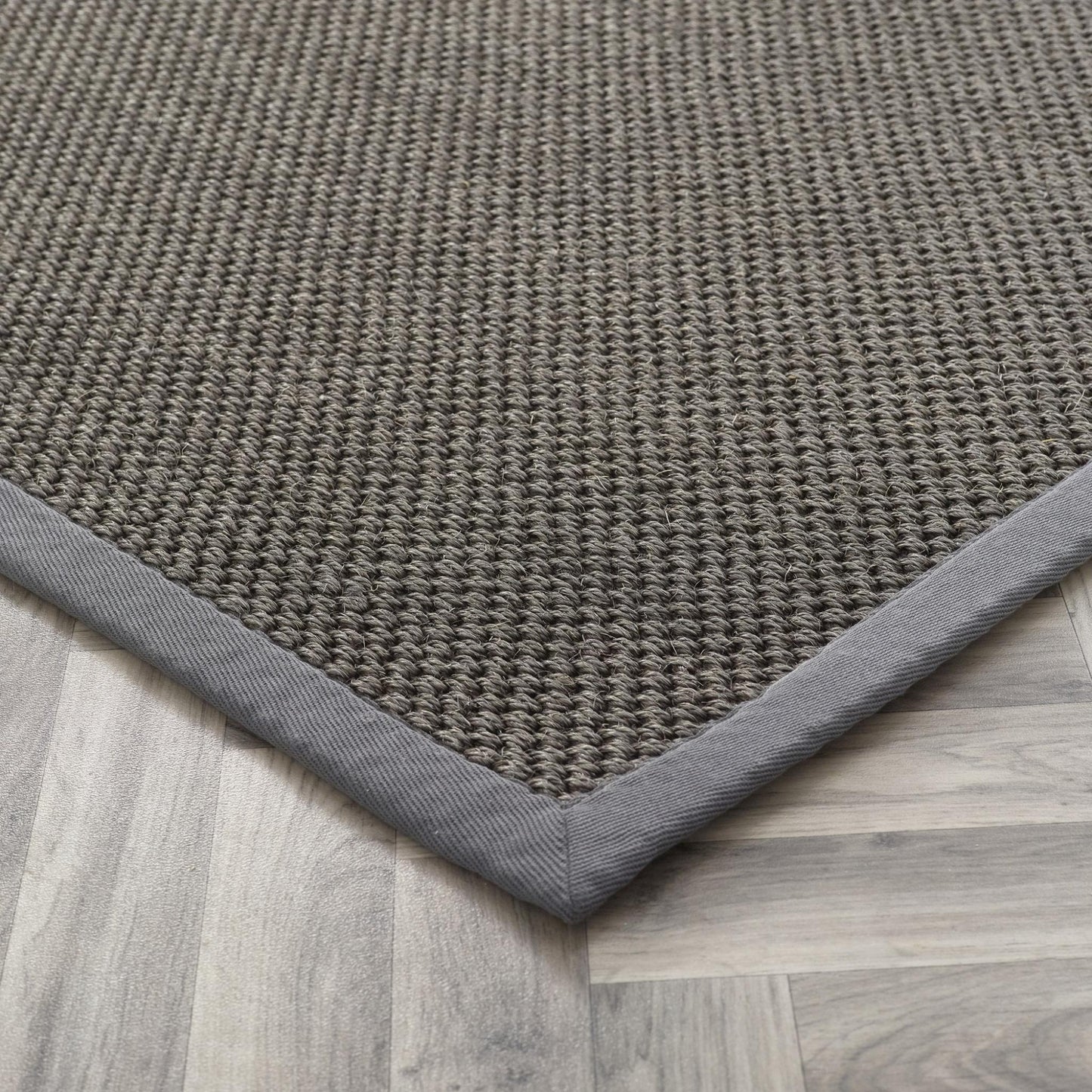 Sisal-Teppich, natürliches Jute-Flachgewebe, Dunkelgrau mit grauem Rand, groß, 160 x 230 cm