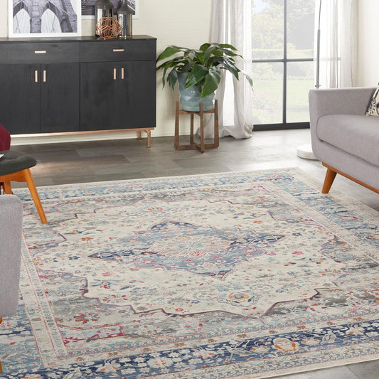 Vintage Kashan VKA07 Traditional Rug for Living Room Dining Bedroom Medallion Oriental Rug Ivory Blue XX-Large 269x361 cm (8'10''x11'10'')
