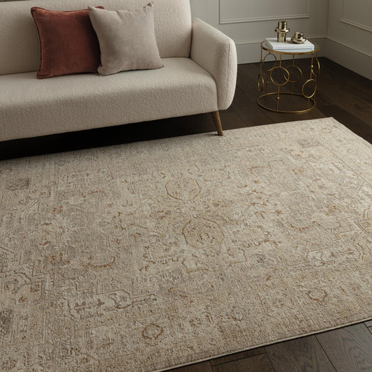 Heriz HE01 Serapi Beige Traditional Medallion Vintage Rug – Modern Textured Polyester Carpet for Living Room, Bedroom, and Hallway