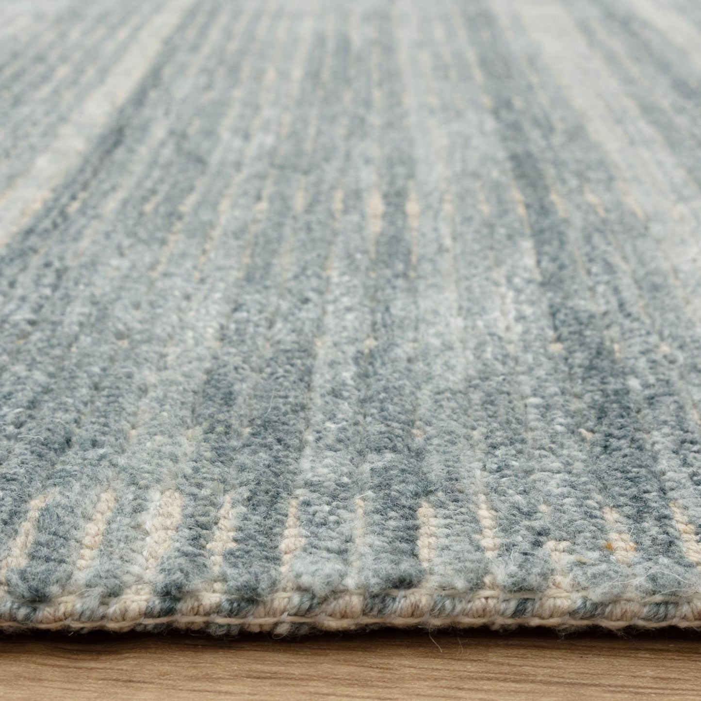 Hazy Sea Blue Handwoven Rug – Tip-Sheared Finish Soft Wool Blend Plain Striped Carpet for Modern Interiors