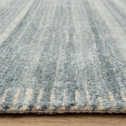 Hazy Sea Blue Handwoven Rug – Tip-Sheared Finish Soft Wool Blend Plain Striped Carpet for Modern Interiors