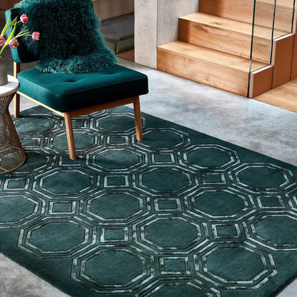 Nexus Octagon Petrol Teal Wool Viscose Hand-Carved Geometric Rug