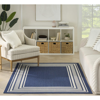 Horizon HOZ03 Modern Bordered Navy Blue Indoor & Outdoor Flatweave Rug