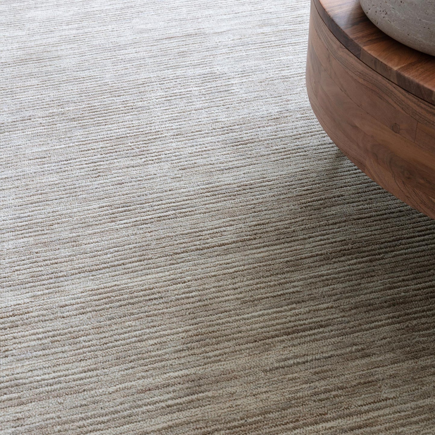 Hazy Stone Beige Natural Handwoven Rug – Tip-Sheared Finish Soft Wool Blend Plain Striped Carpet for Modern Interiors