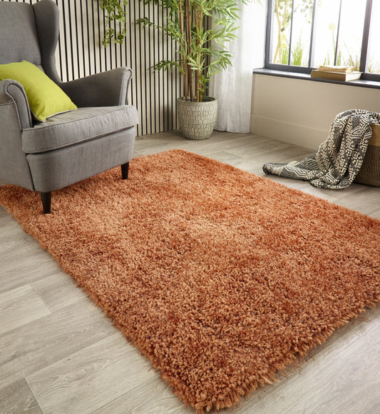 Chicago Shaggy Modern Plain Rug Hallway Runner in Rust Orange