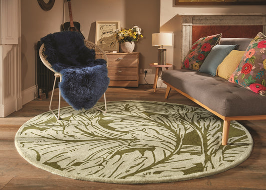 Heritage Floral 2 Pure Wool Damask Hand Tufted Round Rug in Moss Green