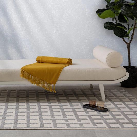 Antibes AN03 Modern White & Grey Grid Indoor-Outdoor Rug – Textured Geometric Flatweave