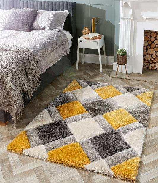 Origins 3D GEO Soft Silky Shaggy Modern Diamond Rug in Ochre Yellow Grey