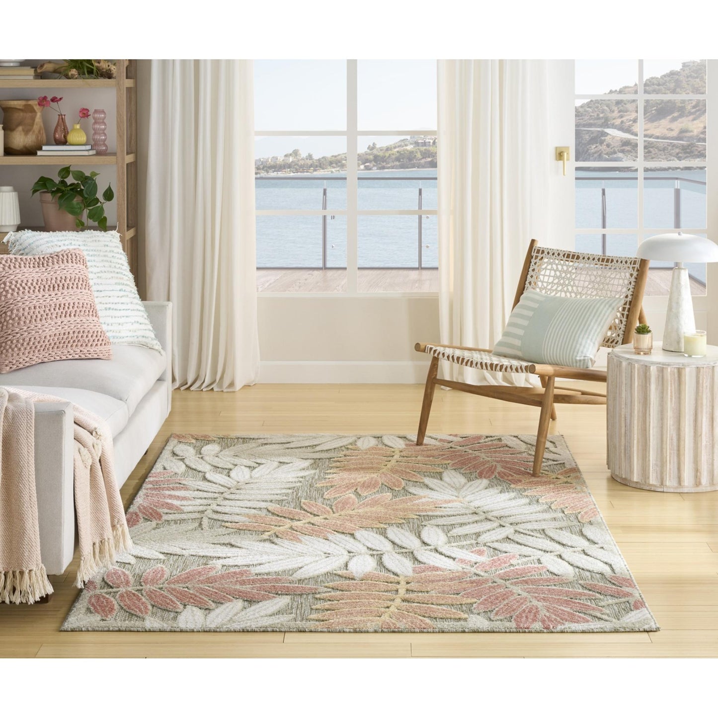 Aloha ALH18 Tropical Botanical Sage Green Rose Indoor & Outdoor Area Rug