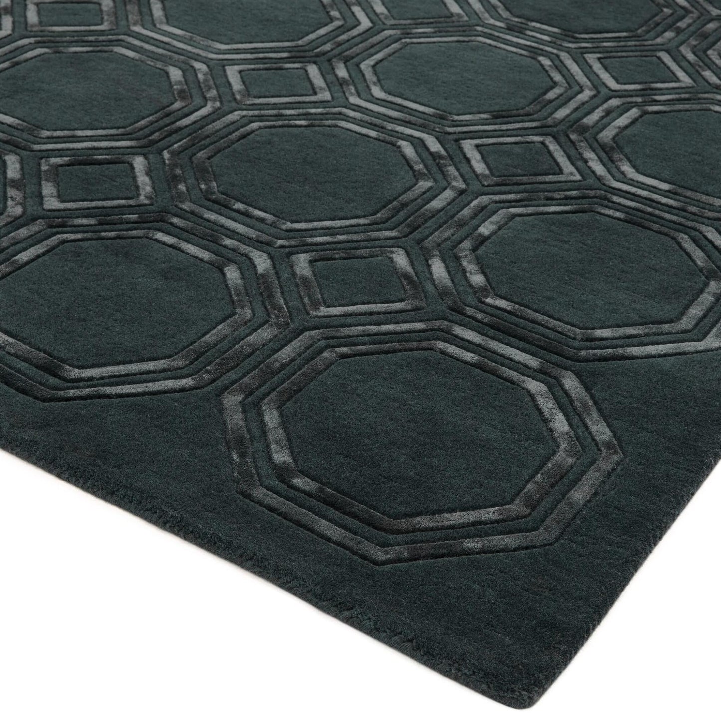 Nexus Octagon Petrol Teal Wool Viscose Hand-Carved Geometric Rug