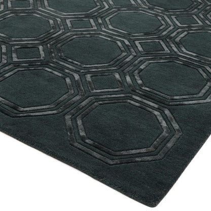 Nexus Octagon Petrol Teal Wool Viscose Hand-Carved Geometric Rug
