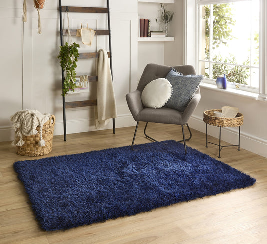 Chicago Shaggy Modern Plain Rug Hallway Runner in Indigo Blue