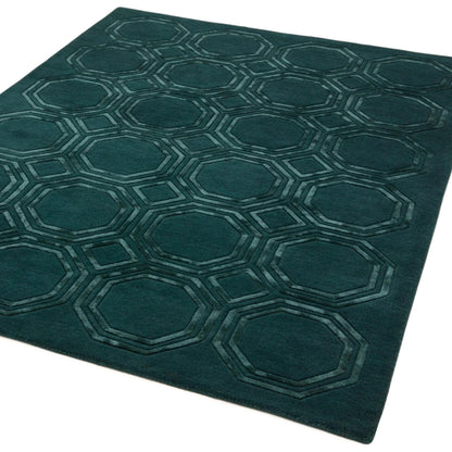 Nexus Octagon Petrol Teal Wool Viscose Hand-Carved Geometric Rug
