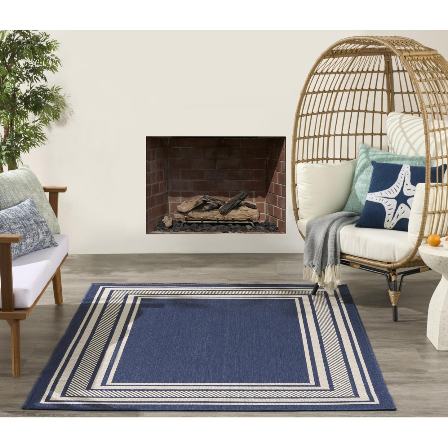 Horizon HOZ03 Modern Bordered Navy Blue Indoor & Outdoor Flatweave Rug