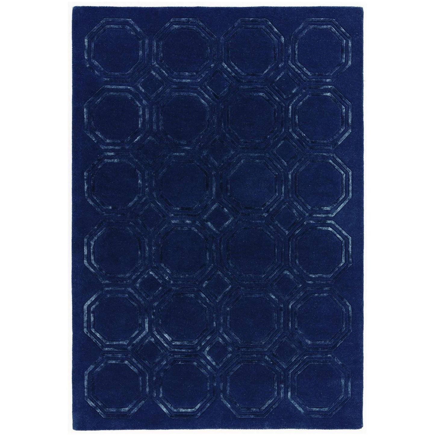 Nexus Octagon Navy Blue Wool Viscose Hand Carved Geometric Rug – Luxurious Soft