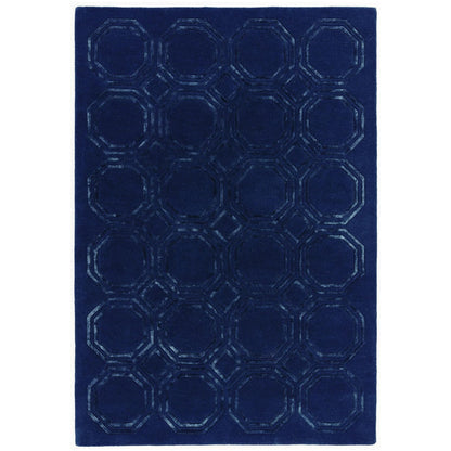Nexus Octagon Navy Blue Wool Viscose Hand Carved Geometric Rug – Luxurious Soft