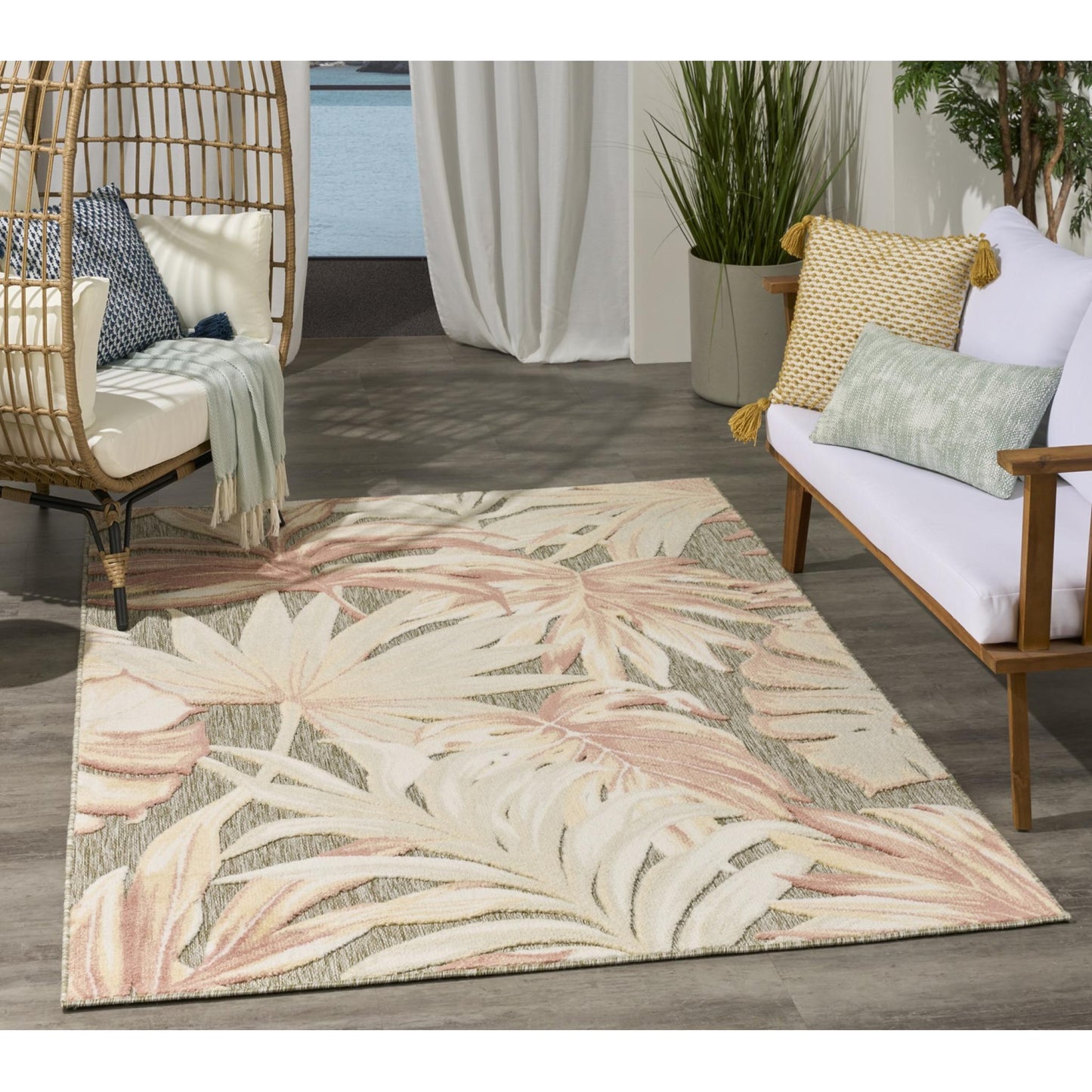 Aloha ALH43 Tropical Floral Ivory Sage Green Indoor & Outdoor Area Rug