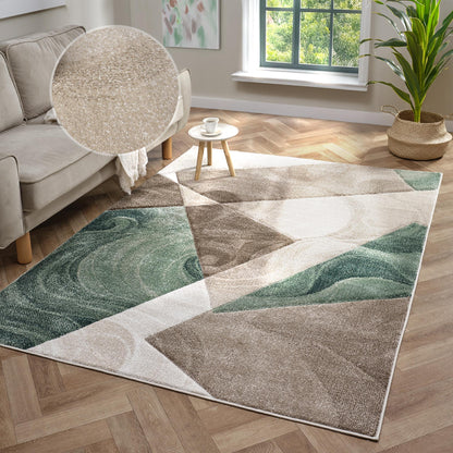 Orbit Runar Geometric 3D Carved Beige Green Rug – Modern Soft Textured Polyester Carpet for Living Room, Bedroom, and Hallway