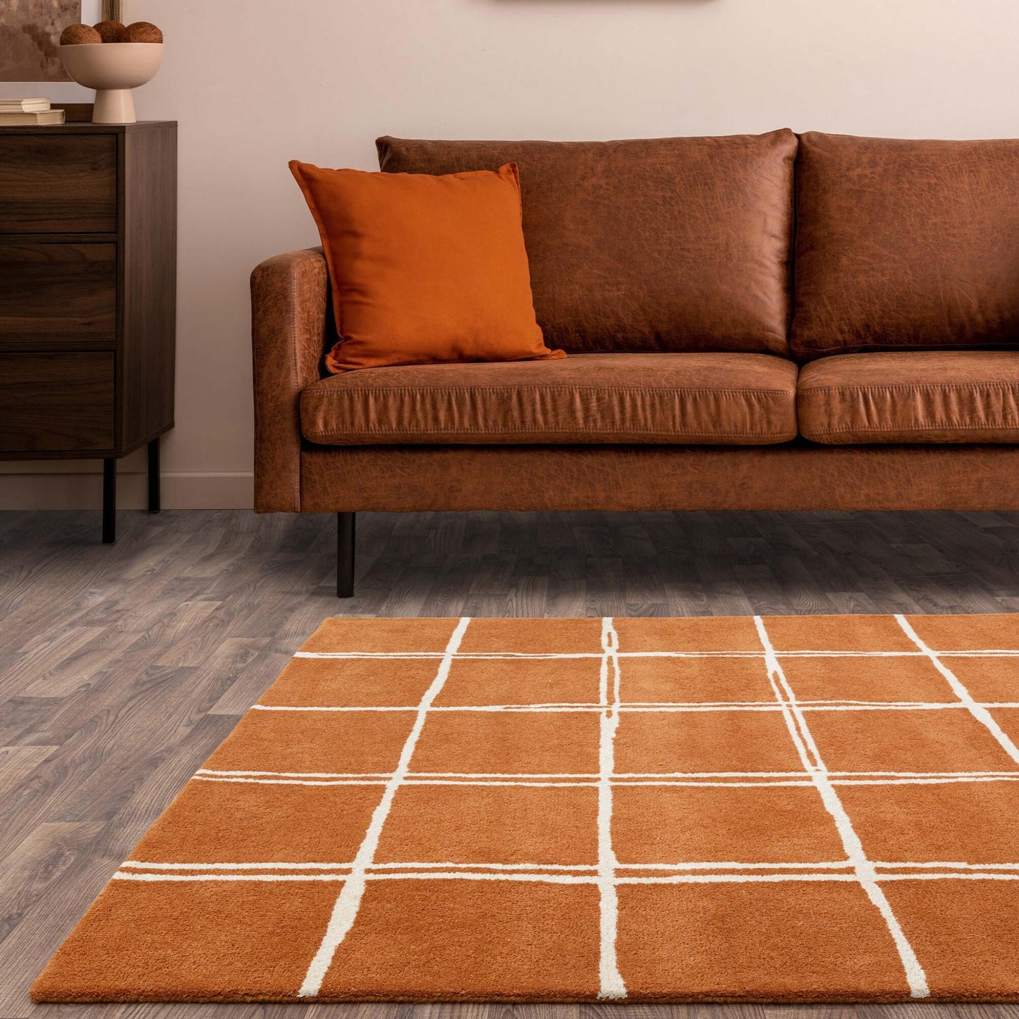 Albany Grid Orange Rust – Bold Geometric Intrigue and Natural Wool Luxury