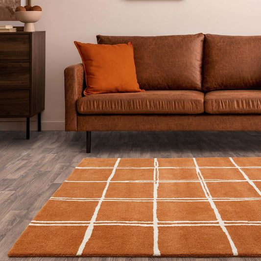 Albany Grid Orange Rust – Bold Geometric Intrigue and Natural Wool Luxury
