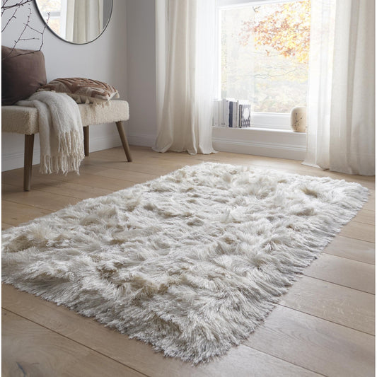High Pile Shaggy Rug for Living Room Bedroom Modern Glamour Silky Shag Carpet – Ivory