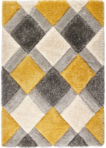 Origins 3D GEO Soft Silky Shaggy Modern Diamond Rug in Ochre Yellow Grey