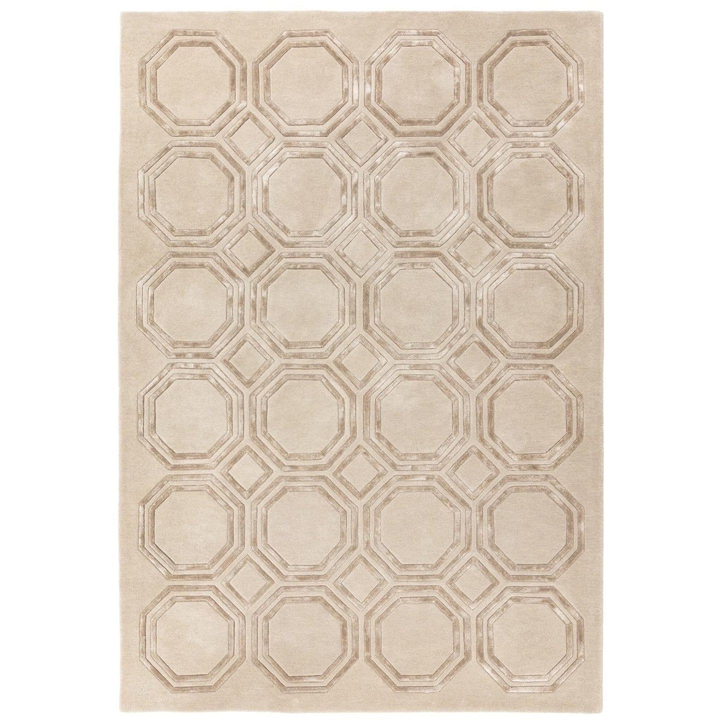 Nexus Octagon Beige Wool Viscose Hand Carved Geometric Rug – Luxurious Modern Elegance