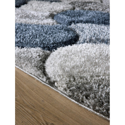 3D-Zottelteppich mit Jakobsmuschelmuster für Wohnzimmer, Schlafzimmer, weicher, seidiger, flauschiger, dicker Flor, Marineblau/Grau
