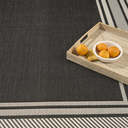 Horizon HOZ03 Modern Bordered Charcoal Black Indoor & Outdoor Flatweave Rug