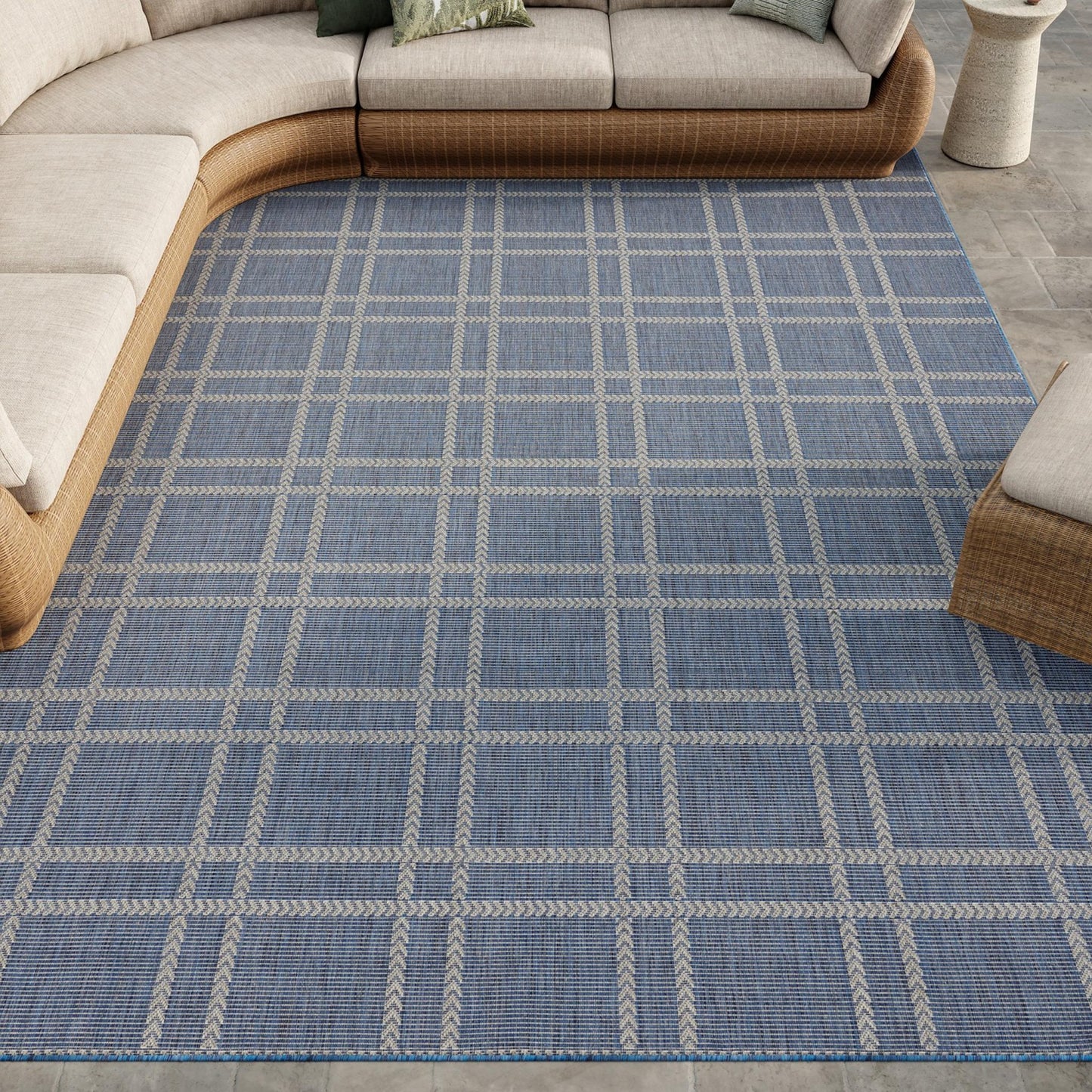 Horizon Grid HOZ04 Modern Geometric Patio Navy Blue Indoor & Outdoor Flatweave Rug