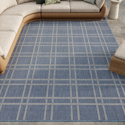 Horizon Grid HOZ04 Modern Geometric Patio Navy Blue Indoor & Outdoor Flatweave Rug
