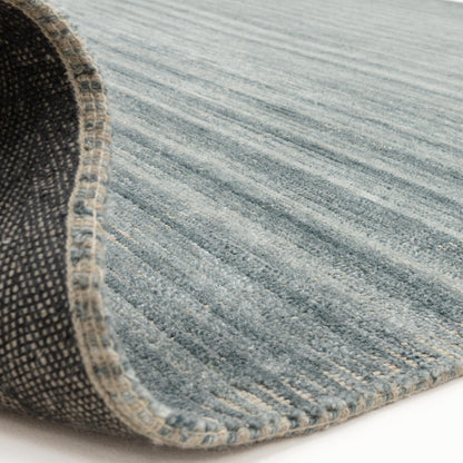 Hazy Sea Blue Handwoven Rug – Tip-Sheared Finish Soft Wool Blend Plain Striped Carpet for Modern Interiors