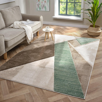 Orbit Nordyl Geometric 3D Carved Beige Green Rug – Modern Soft Textured Polyester Carpet for Living Room, Bedroom, and Hallway