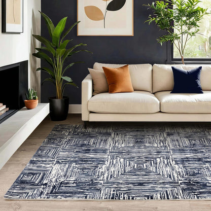 Kuza Portrait Rug – Navy Blue –  Elegant Textured High-Low Pile Carpet
