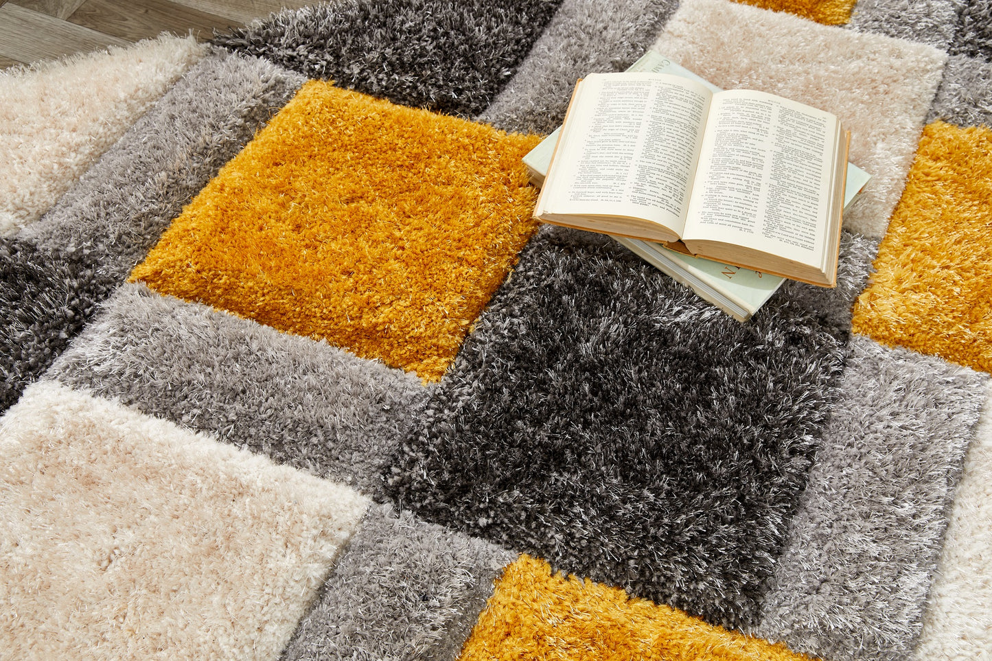 Origins 3D GEO Soft Silky Shaggy Modern Diamond Rug in Ochre Yellow Grey